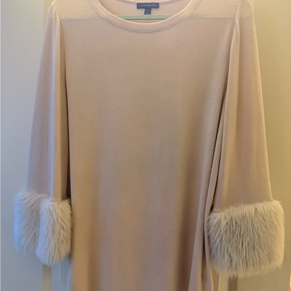 Lane Bryant Cream Crew-Neck Sweater with Faux Fur Cuffs